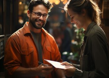 Smiling man and woman exchanging papers with warm bokeh lights behind