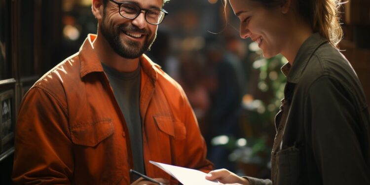 Smiling man and woman exchanging papers with warm bokeh lights behind