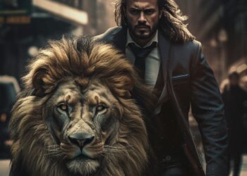 Long-haired man in suit walking confidently beside a lion on city street