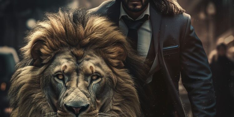 Long-haired man in suit walking confidently beside a lion on city street