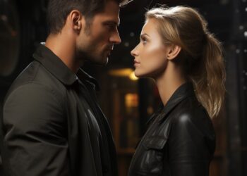 Man and woman in dark jackets facing each other intensely