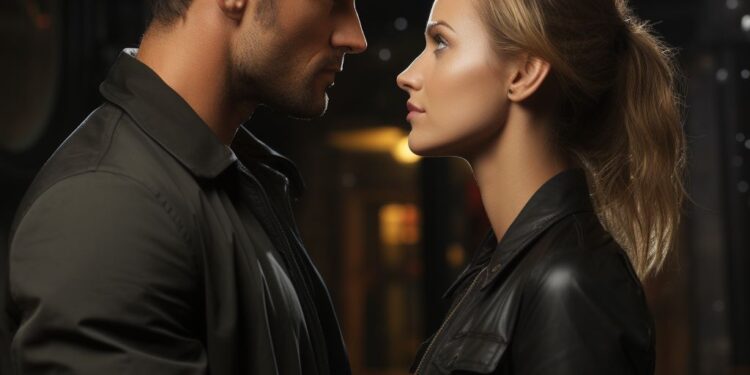 Man and woman in dark jackets facing each other intensely