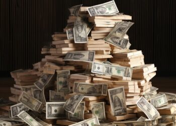 Large pile of stacked US dollar bills on wooden table