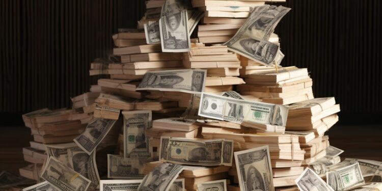 Large pile of stacked US dollar bills on wooden table