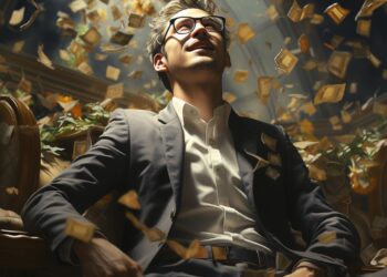 Man with glasses in suit leaning back as money rains down around him