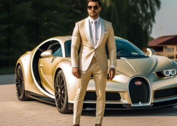 Man in cream suit posing with gold Bugatti Chiron outdoors