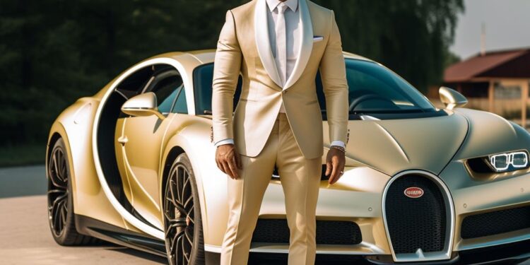 Man in cream suit posing with gold Bugatti Chiron outdoors