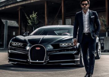 Man in dark suit standing beside black Bugatti Chiron