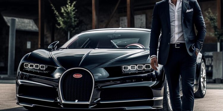 Man in dark suit standing beside black Bugatti Chiron