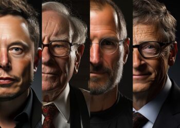 Split portrait panels of four prominent tech and business leaders