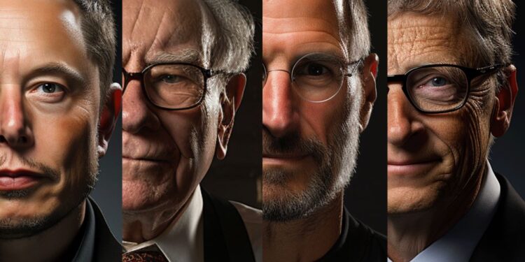Split portrait panels of four prominent tech and business leaders