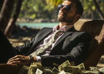Man in suit and sunglasses relaxing on beach chair surrounded by cash