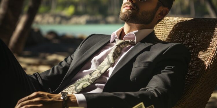 Man in suit and sunglasses relaxing on beach chair surrounded by cash