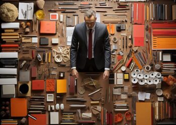 Overhead flat lay of man in suit surrounded by organized office supplies