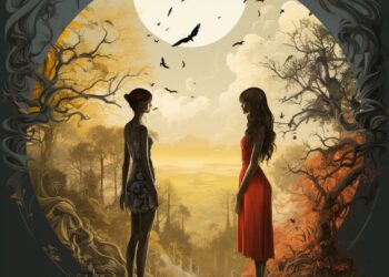 Two women facing each other in circular frame with fantasy forest landscape