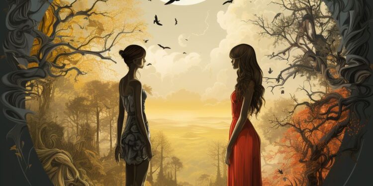 Two women facing each other in circular frame with fantasy forest landscape