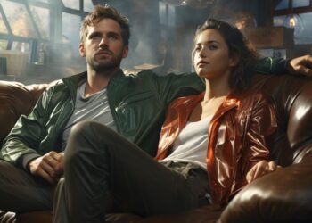 Man and woman in leather jackets sitting together on brown couch