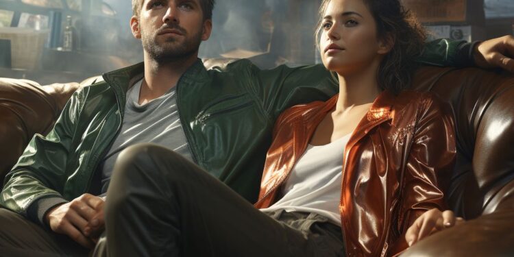 Man and woman in leather jackets sitting together on brown couch