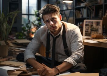 Stressed young man in shirt and tie at cluttered desk under lamp