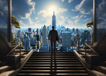 Man in suit standing atop stairs overlooking sunlit city skyline