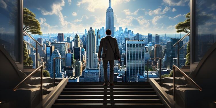 Man in suit standing atop stairs overlooking sunlit city skyline