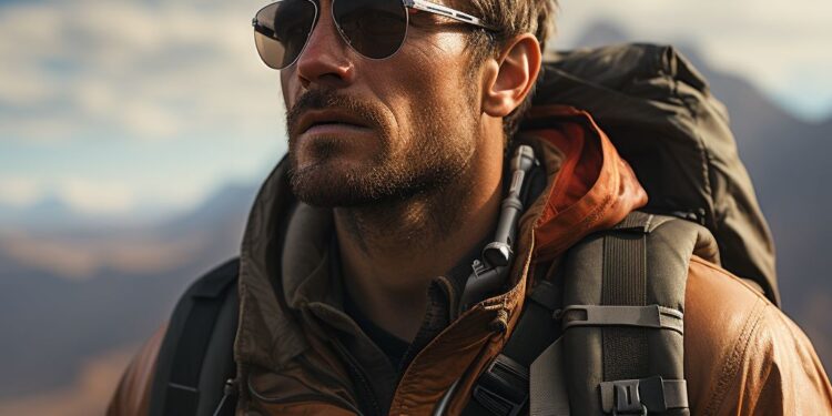 Rugged man with sunglasses and backpack hiking in mountainous terrain