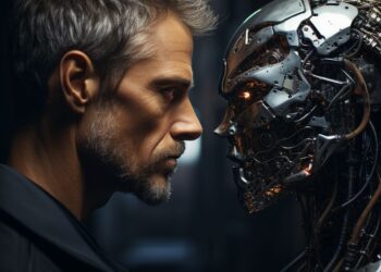 Man and metallic humanoid robot facing each other in profile