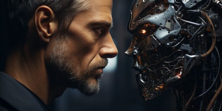 Man and metallic humanoid robot facing each other in profile