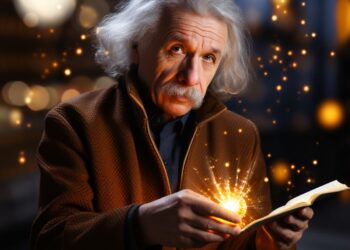 Elderly white-haired man holding open book emitting magical golden light