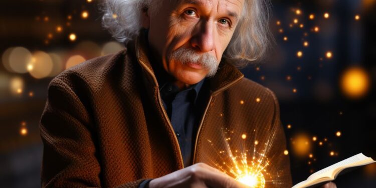 Elderly white-haired man holding open book emitting magical golden light