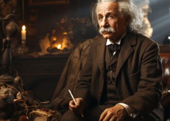 Elderly man with wild white hair in brown suit holding a pen