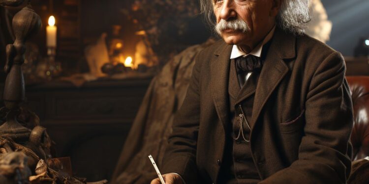 Elderly man with wild white hair in brown suit holding a pen