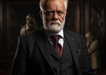 Distinguished older man with white beard in black three-piece suit