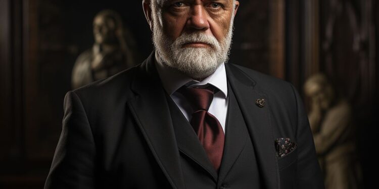 Distinguished older man with white beard in black three-piece suit