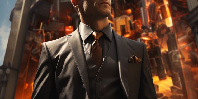 Confident man in dark three-piece suit and sunglasses before grand building