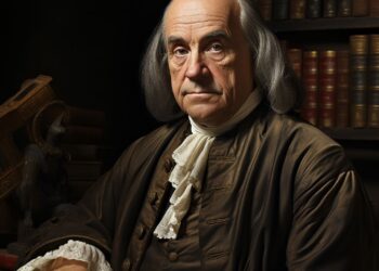 Man in colonial-era clothing seated before a bookshelf