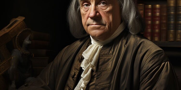 Man in colonial-era clothing seated before a bookshelf