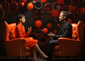 Woman in red and man in gray conversing in orange armchairs
