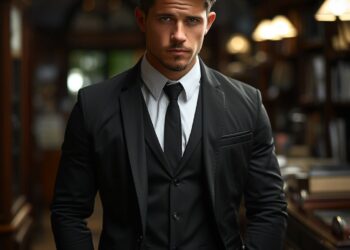 Young man in fitted black suit standing in upscale interior