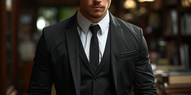 Young man in fitted black suit standing in upscale interior