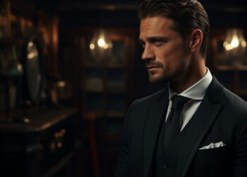 Man in dark suit with pocket square in dimly lit wood-paneled room