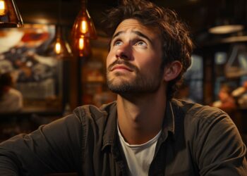 Young bearded man gazing upward in warmly lit bar