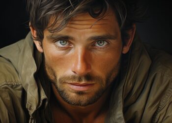 Close-up portrait of rugged man with green eyes in khaki jacket