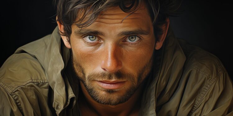 Close-up portrait of rugged man with green eyes in khaki jacket