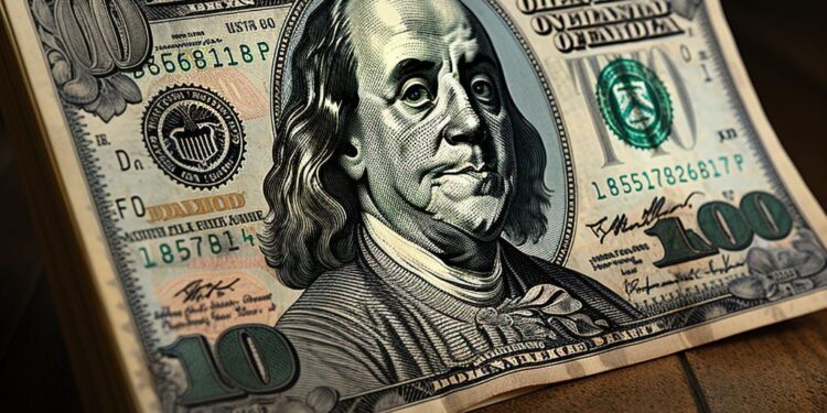 Close-up of a hundred dollar bill on a wooden table