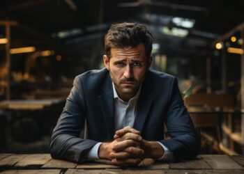 Man in navy suit with clasped hands leaning on rustic wooden table