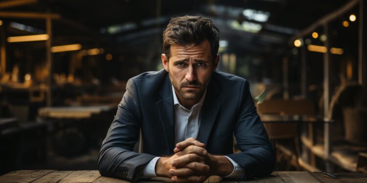 Man in navy suit with clasped hands leaning on rustic wooden table
