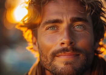 Man with stubble and wavy hair in golden sunset light