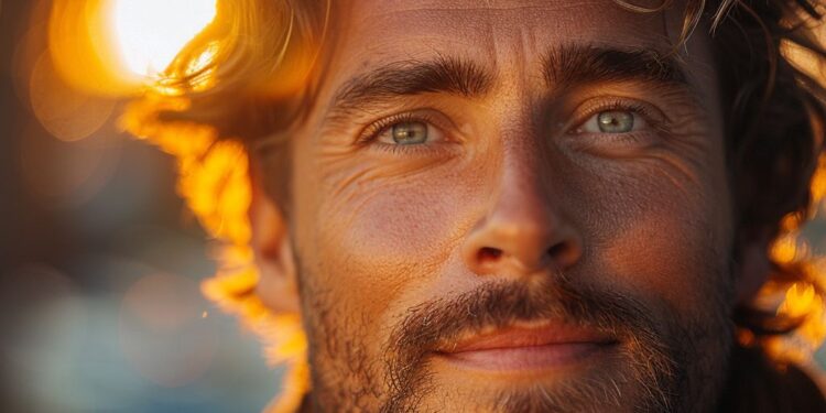 Man with stubble and wavy hair in golden sunset light