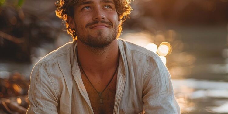 Young man in linen shirt sitting by water at sunset